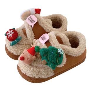 细细条 魔术贴羊羔毛棉鞋女冬季可爱圣诞老人亲子时尚外穿豆豆鞋