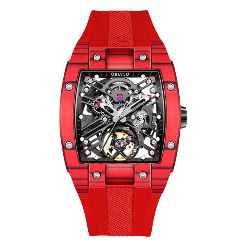 OBLVLO欧宝罗红色碳纤维进口机械手表男镂空男卢浮宫运动表男防水