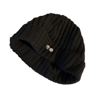 日系黑色针织包头帽女秋冬季保暖百搭套头帽大头围显脸小毛线帽子
