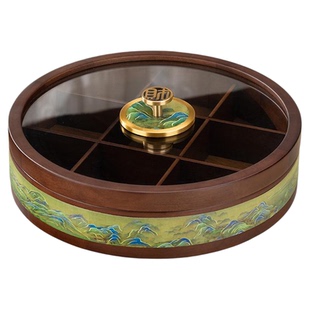 中式实木干果盒家用客厅分格带盖可旋转坚果盘零食盘糖果收纳盒