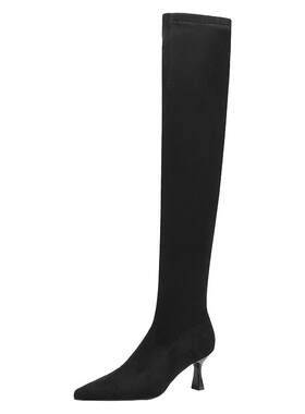 达芙妮黑色过膝长筒靴尖头细高跟