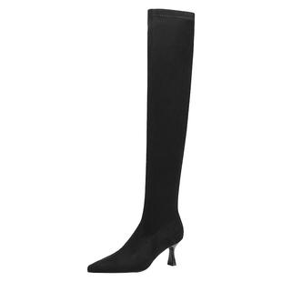 达芙妮黑色过膝长筒靴女2025新款冬季加绒尖头细高跟瘦瘦袜靴长靴