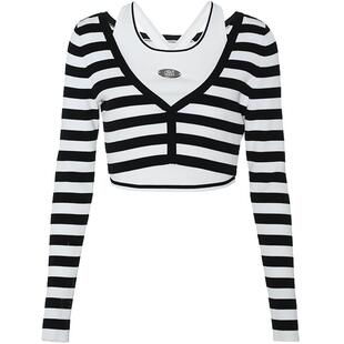 FIVE PLUS针织衫女时尚黑白条纹假两件薄款甜辣短款2026新款春季