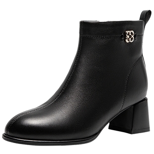 千百度加绒粗高跟羊皮靴女2025冬季新款通勤时装靴保暖超火小短靴