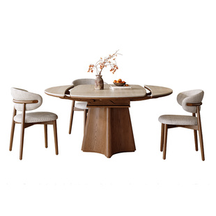 2026新款洞石岩板实木伸缩餐桌可变圆桌法式复古风小户型折叠饭桌