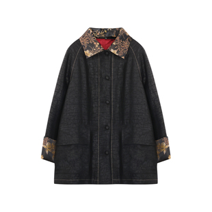 萧娘【金玉显贵】香云纱棉服外套翻领中长款龟裂纹棉衣XNA0024