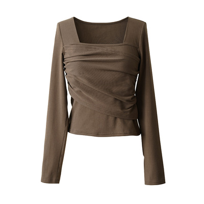 POPCHRIO设计感方领叠片长袖T恤