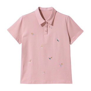 妈妈纯棉翻领短袖T恤杉2026新款夏季中老年女装减龄时尚刺绣上衣