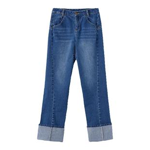 eihey诶嘿新款低腰贴刺绣翻脚卷边阔腿裤牛仔裤女显瘦宽松直筒裤