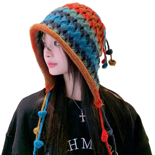 2025撞色毛线帽子女秋冬保暖护耳时尚手工编制包头针织冷帽大头围