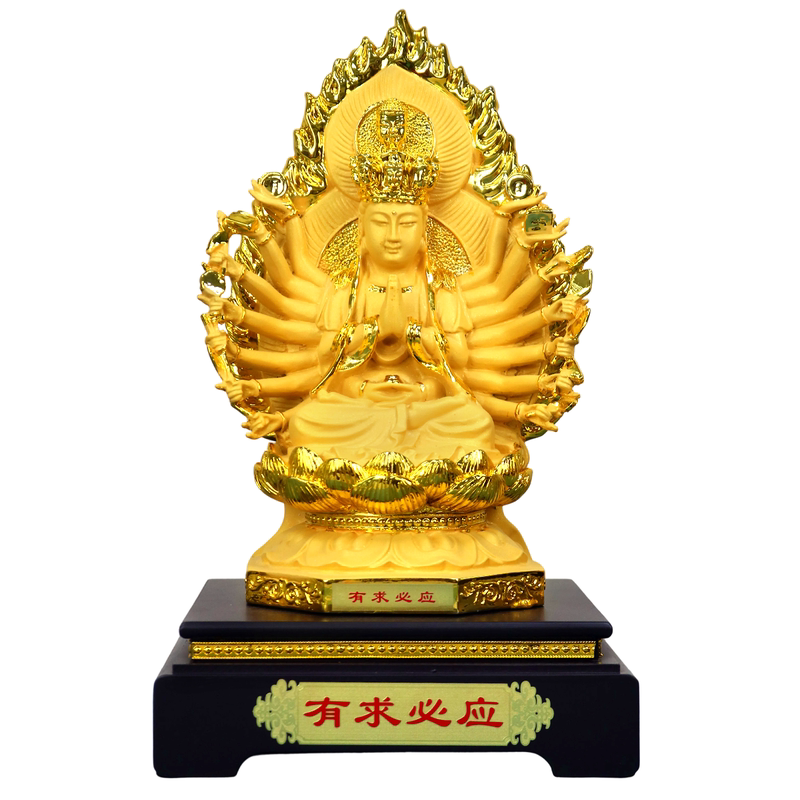 绒沙金千手观音坐莲花供奉摆件