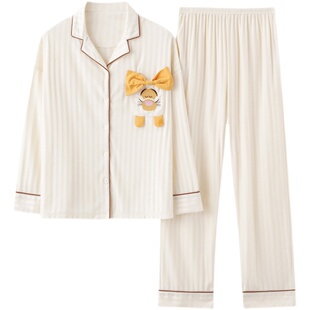 浪莎情侣睡衣纯棉春秋季长袖开衫条纹卡通男女款秋冬天家居服套装