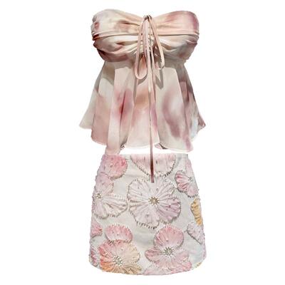 bear熊熊屋【夏花】精致挂脖雪纺褶皱上衣立体穿珠花朵半裙套装女