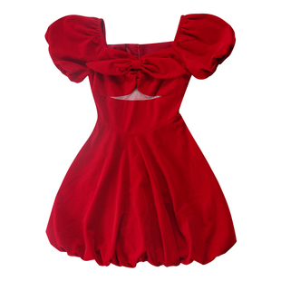 JUJU杨超越同款红色丝绒泡泡袖连衣裙圣诞战袍女冬季千金跨年穿搭