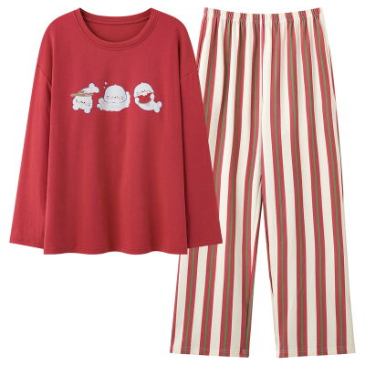 啄木鸟带胸垫女士睡衣女款春秋夏季纯棉长袖长裤可外穿家居服套装