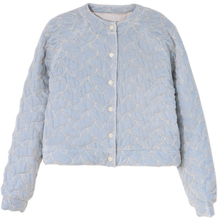 GESGOO洋气蓝色圆领棉服女初冬2025新款小个子夹棉外套短款设计感