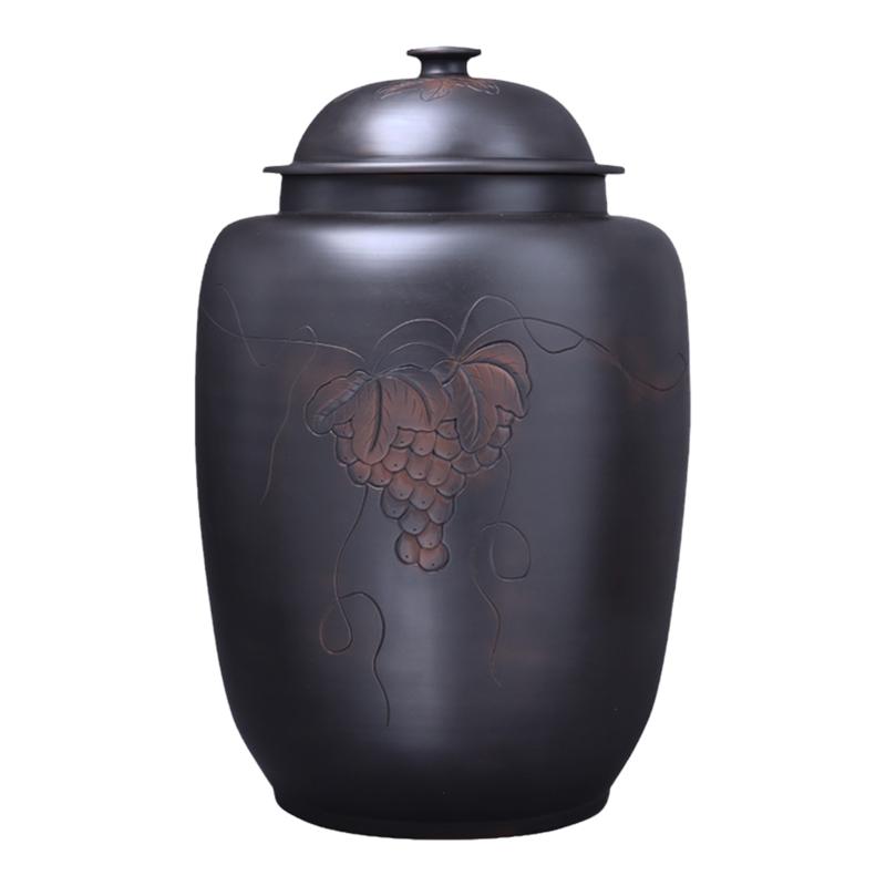 建水紫陶手工浮雕长城大茶缸
