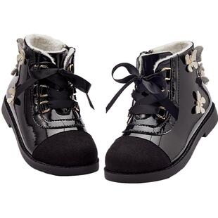 戴维贝拉儿童靴子女童皮鞋2025新款冬季鞋子加绒中大童蝴蝶皮靴