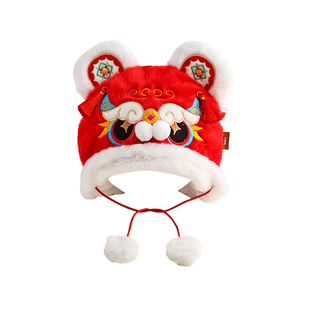 婴儿帽子冬季保暖男宝醒狮红色虎头帽子女宝宝加厚防风护耳毛绒帽