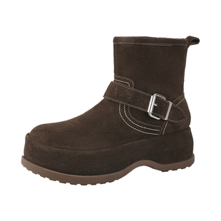 MILLIE'S/妙丽麂皮机车靴冬季加绒短靴厚底毛绒雪地靴咖色马丁靴Z