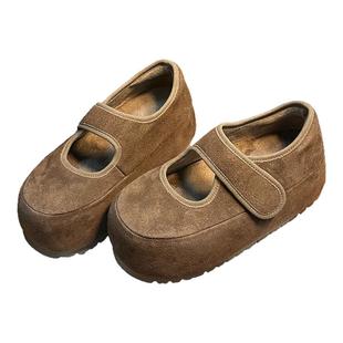 磨砂牛皮大头松糕厚底玛丽珍面包鞋女魔术贴小个子增高加绒乐福鞋