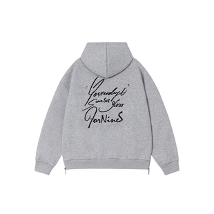 FORNINES刺绣国潮开衫灰色卫衣男生春季情侣加绒加厚外套女连帽衫