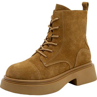 Bata英伦马丁靴女冬新款牛剖皮粗跟绒面百搭短筒靴98551DD4