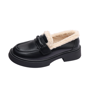 牛皮版~大码41到43女鞋加绒小皮鞋2026新款秋冬英伦乐福厚底棉鞋
