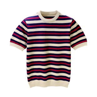 休闲复古男士针织短袖修身上衣 夏季拼色条纹t恤短袖男款2026新款