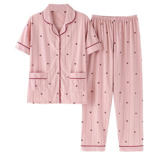 女士睡衣短袖长裤春夏季薄款纯棉短袖大码开衫妈妈家居服两件套装