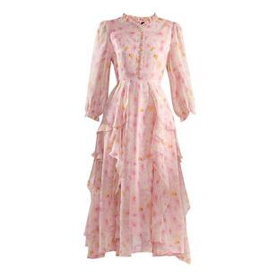 未风粉色雪纺碎花连衣裙女春2026春季新款女装气质泡泡袖显瘦裙子