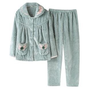 珊瑚绒睡衣女士秋冬季加厚保暖开衫法兰绒大码中年妈妈家居服套装