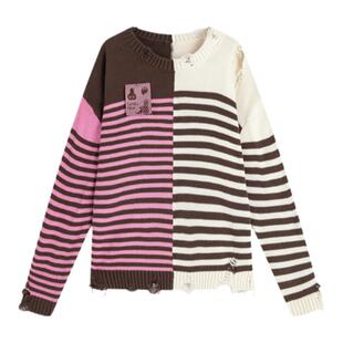 Lapaki Paka 朋克少女撞色条纹破洞针织衫 原创水果标宽松毛衣女