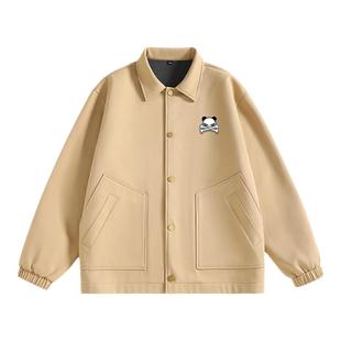 Hipanda你好熊猫潮男加绒保暖翻领教练夹克2025冬款设计感外套