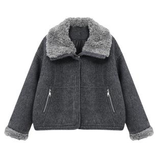 Basic House/百家好灰色90白鸭绒翻领短款外套女冬季保暖时尚上衣