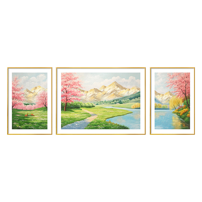 山水风景客厅装饰画奶油风2026新款沙发背景墙挂画现代法式三联画