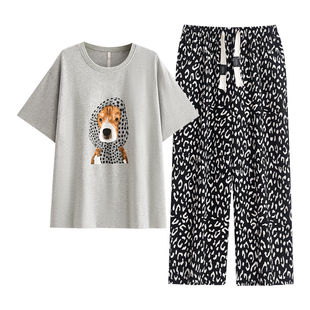 悦内带胸垫睡衣女夏季纯棉短袖长裤家居服夏天新款圆领时尚可爱狗