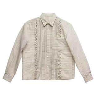 【AGD】6CRAYON 复古风琴褶米白格纹纯棉翻领衬衫