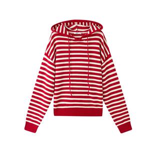 三福红色毛衣2026新款春季连帽宽松可外穿内搭条纹上衣女装515698