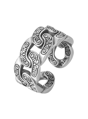 S925纯银藤草纹编织戒指男士单身食指戒潮人个性坦克链开口指环