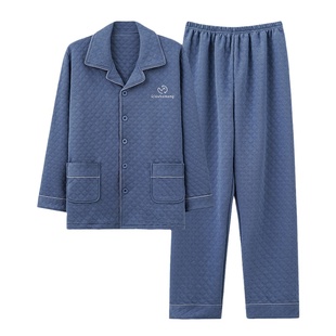 浪莎夹棉睡衣裤男士秋冬季纯棉长袖全棉厚款夹层空气棉家居服套装