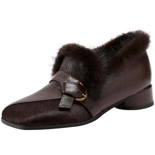 秋冬季新款羊皮马毛拼接水貂毛加绒毛毛鞋气质方头真皮深口单鞋女