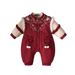 婴儿周岁抓周服冬装男女宝宝连体衣加绒爬服红色喜庆新中式拜年服