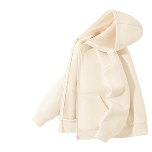 拉夏贝尔女童加绒外套秋冬儿童加厚卫衣大童连帽杏白色羊羔绒开衫