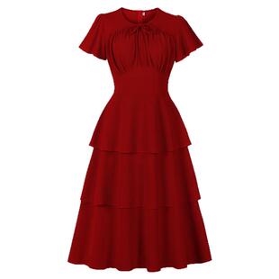 复古温柔年会红色连衣裙长裙收腰显瘦气质宴会礼服设计感蛋糕裙夏