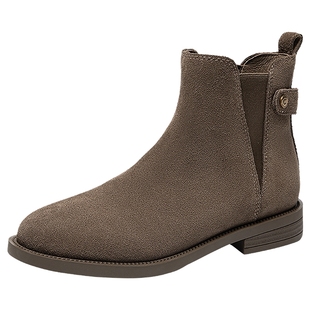 千百度中跟切尔西靴女款2025冬季新款时尚绒面烟筒靴弹力短靴子