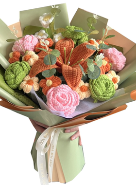 生日礼物仿真花手工毛线编织针织玫瑰百合永生花束送妈妈婆婆女友