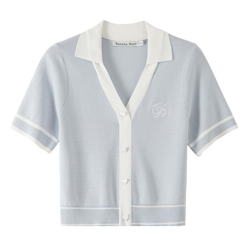 BANANA BABY2025夏新款學(xué)院風(fēng)撞色薄針織衫短袖女polo領(lǐng)顯瘦上衣
