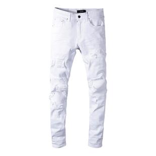 AMR jeans 美式高街潮牌白色刀割破坏补丁弹力显瘦修身小脚牛仔裤