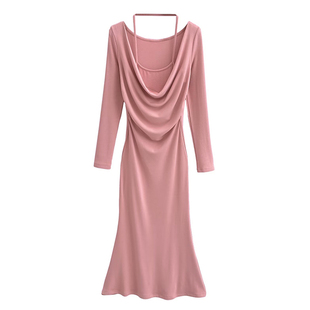 YoungGirlDay纯欲风性感荡领假两件挂脖长袖包臀中长款鱼尾连衣裙